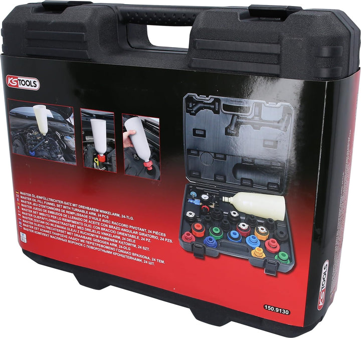 KS Tools 150.9130 Master Öl-Einfülltrichter-Satz mit drehbarem Winkelarm, 24-TLG