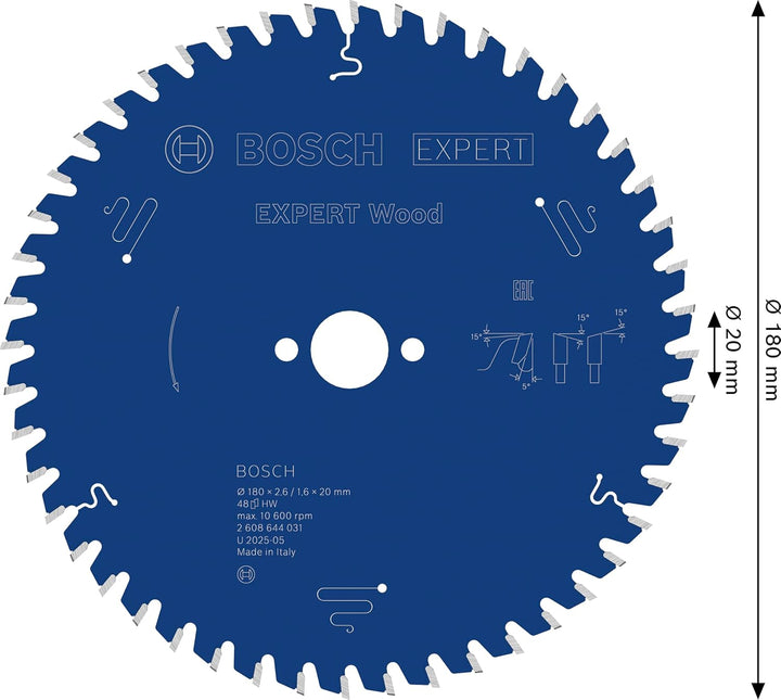 Bosch Professional 1x Kreissägeblatt Expert for Wood (Holz, Sägeblatt Ø 180 x 20 x 2,6 mm, 48 Zähne,