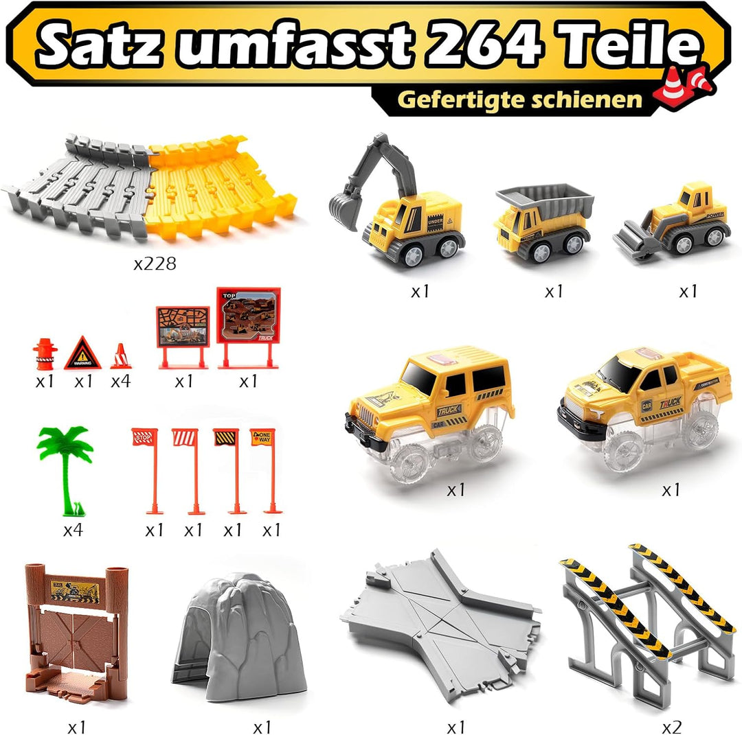Jungen Autorennbahn ab 3 4 5 6 7 8 Jahre, 264 Stück 5 Cars Bagger Spielzeug Autorennbahn Rennbahn 2