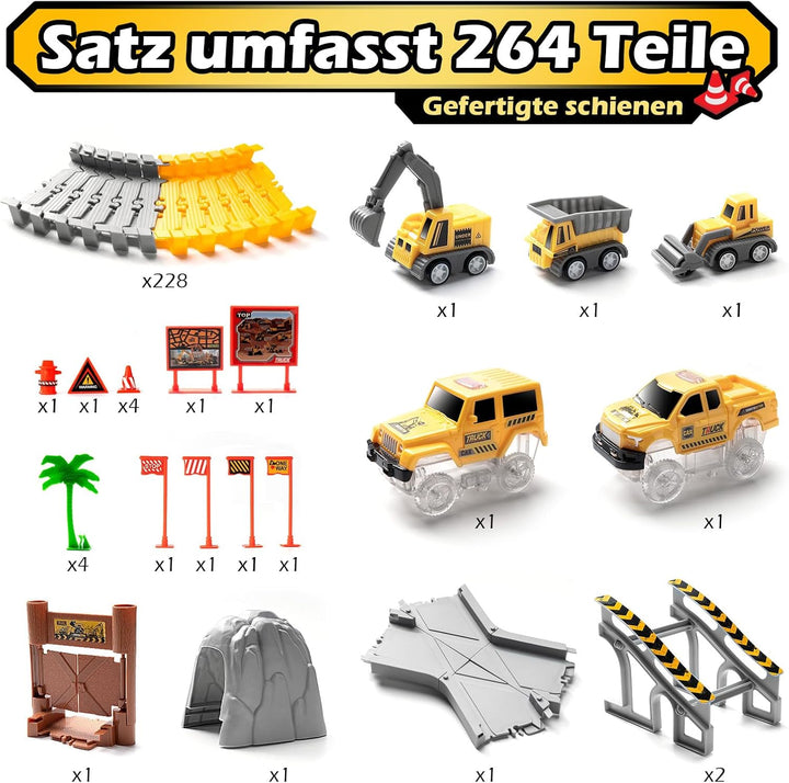 Jungen Autorennbahn ab 3 4 5 6 7 8 Jahre, 264 Stück 5 Cars Bagger Spielzeug Autorennbahn Rennbahn 2
