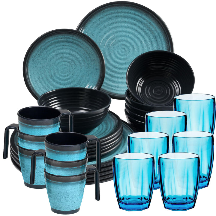 Melamin Geschirr Set 30 Teile elegante Steingut Optik blau Tassen 320ml 6 30 Teile - Trinkglas 320 m