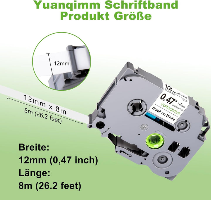 4x Yuanqimm Kompatibel für Brother Ptouch Bänder 12mm x 8m TZe231 TZe-231 TZ231 TZ-231 TZe 12mm 0,47