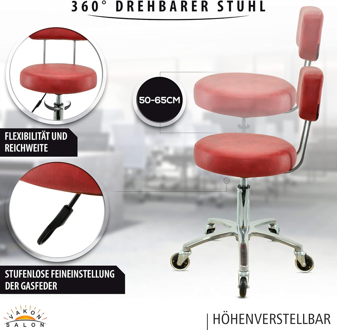 Premium Rollhocker mit Lehne in Rot - Höhenverstellbar von 50 bis 65 cm - Rundsitz - Drehhocker Arbe
