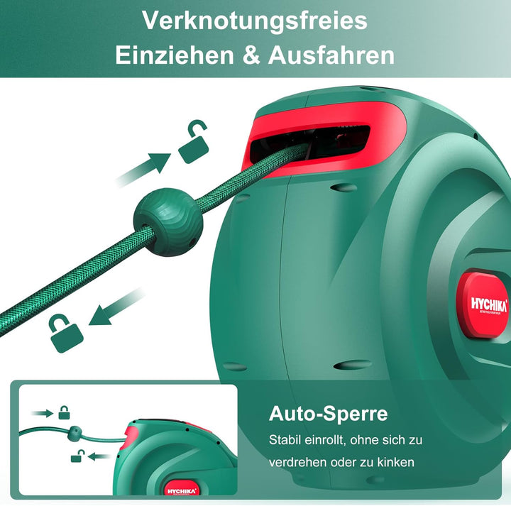 HICHIKA Schlauchtrommel Gartenschlauch 20m – Schlauchbox für die Wandhalterung, Automatische Verrieg
