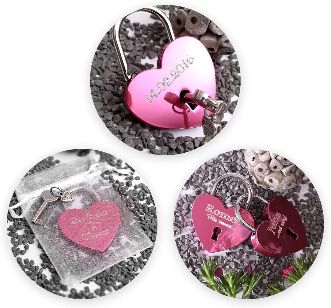 LIEBESSCHLOSS-FACTORY Herz-Schloss Pink mit Gravur und Schlüssel, gratis Geschenkbox uvm. Jetzt grav