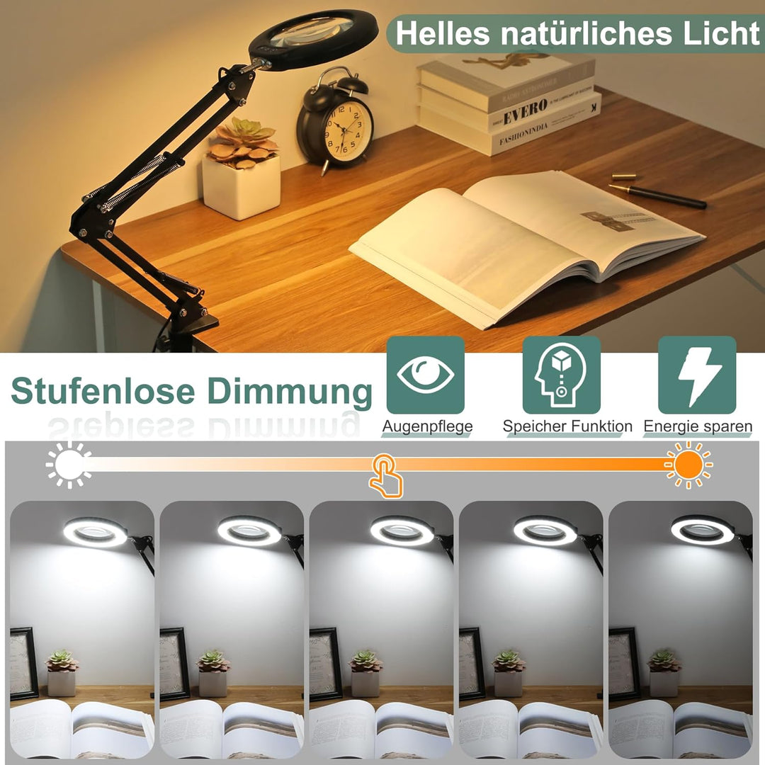 Veemagni 10X Lupe mit Licht, 5 Farbmodi Stufenlos Dimmbar, Verstellbarer Schwenkarm LED Beleuchtete