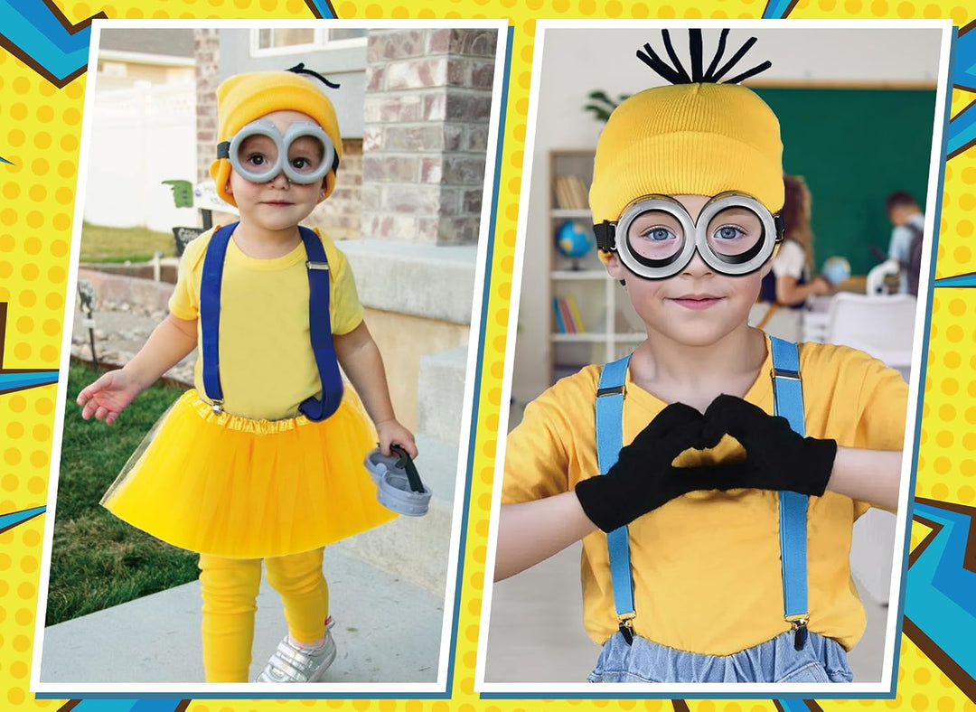 Gelbes Kostüm für Kinder, gelber Hut, gelbe Socken, schwarze Handschuhe, Y-Rücken, Hosenträger, gelb