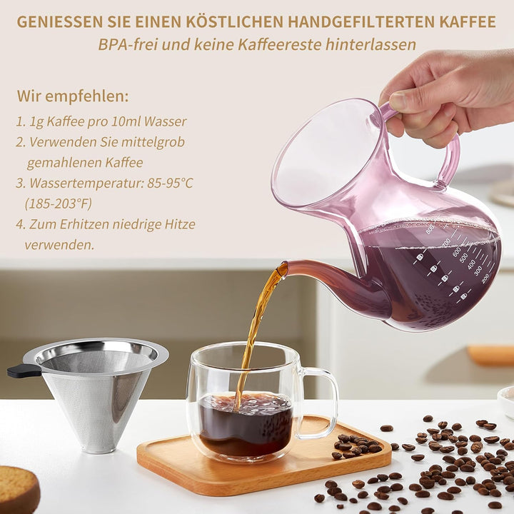 MESNEY Handfilter Kaffeekanne 800ml – Glas Kaffeebereiter mit Edelstahlfilter, Wiederverwendbarer Pe