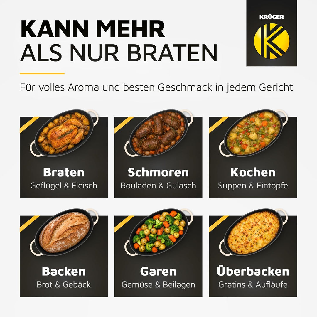 Krüger Gusseisen Gansbräter mit Deckel - emailliert - hohe Hitzebeständigkeit und sehr gute Wärmespe