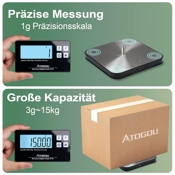 ATOGOU 1g/15 kg Wireless Küchenwaage digital mit Fernanzeige, waage gramm, lebensmittelechtes 304 Ed