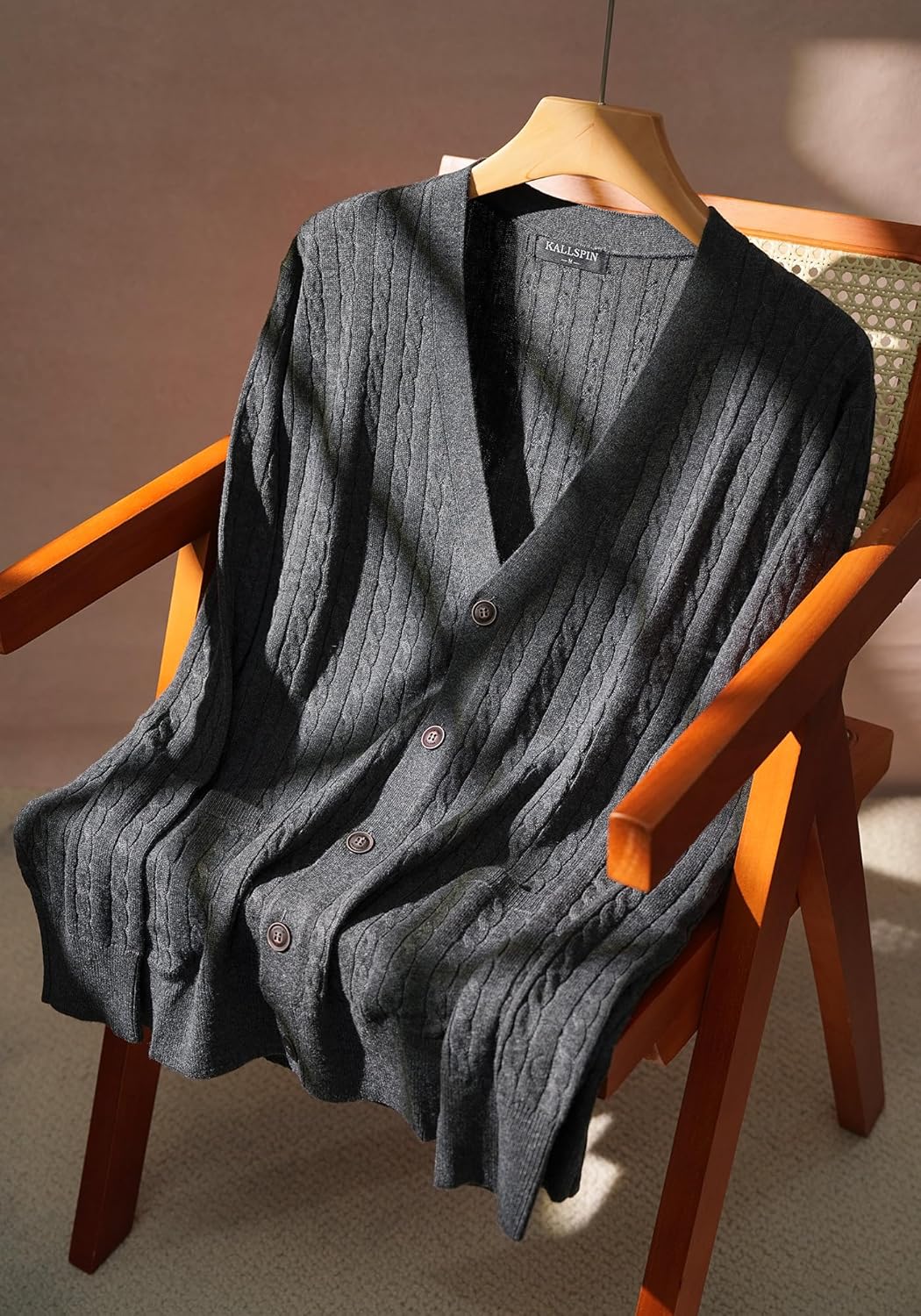 Kallspin Herren Strickjacke aus Wollmischung Zopfstrick Cardigan mit Knopfverschluss und Taschen S D