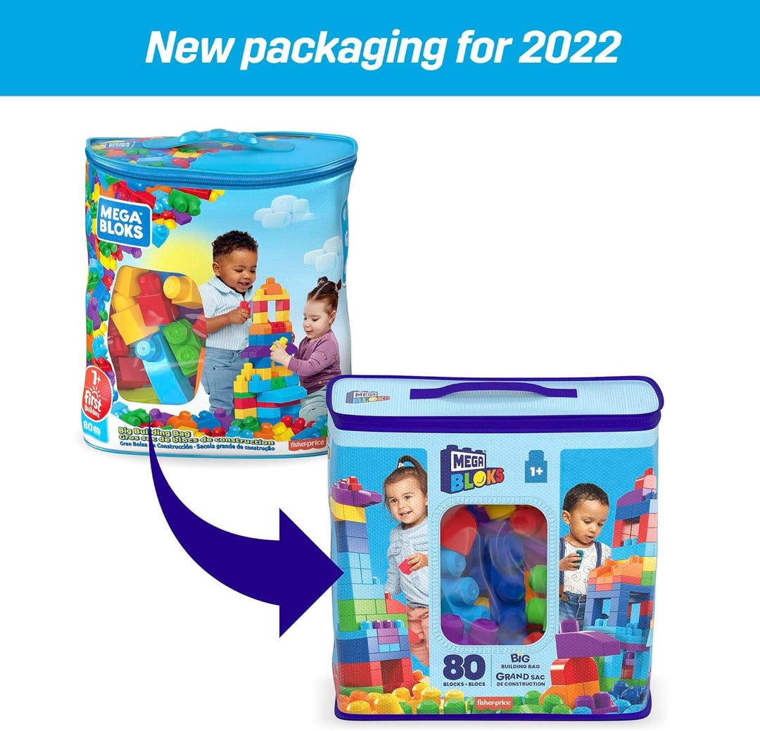MEGA BLOKS Fisher-Price Bausteine für Kleinkinder, grosser Bausteinebeutel mit 80 Teilen und Aufbewa