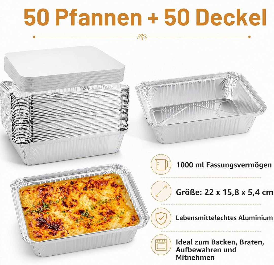 WOPPLXY 50 Stück Aluschalen mit Deckel, 1000ml Aluschalen Grill, 21,5 x 15 x 5cm Alu Grillschalen fü