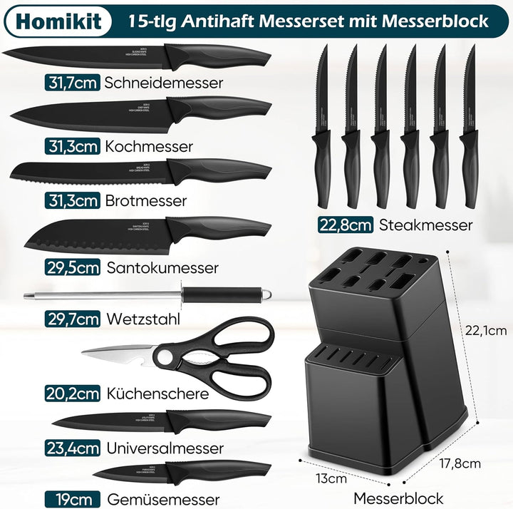 Homikit Messerblock Set, 15-tlg Edelstahl Messer Küchenmesser mit Wetzstahl, Messerblock mit Messers