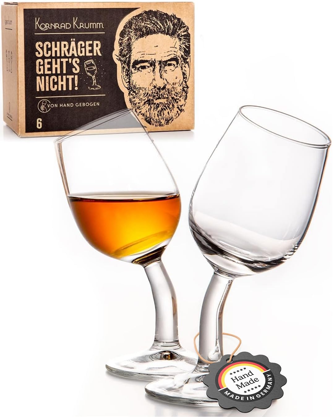 Kornrad Krumm | Schnapsgläser-Set mit Stiel (6 Stück), 4cl, Handgebogen in DE | Lustige Shot-Gläser