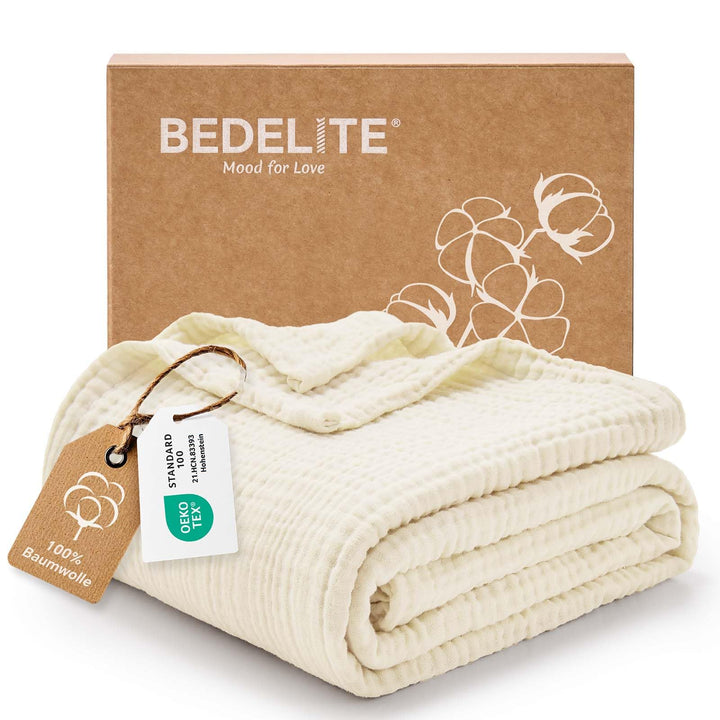 BEDELITE Musselin Decke 127x177cm Erwachsene Tagesdecke Baumwolle, Creme | weiche &amp; atmungsaktive 4-