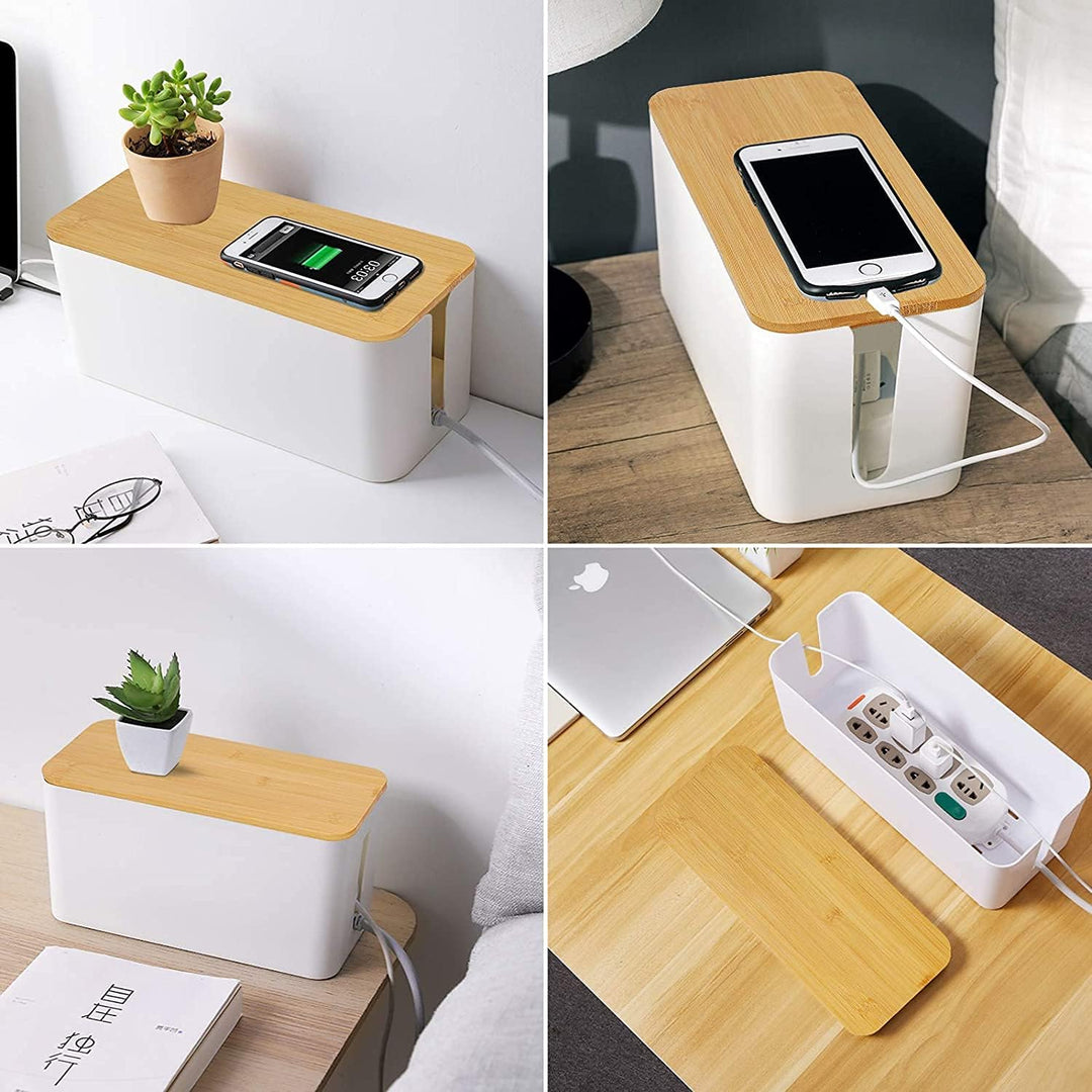 SENENQU 3er-Set Kabelbox Weiss, Grosse Kabel Organizer Box mit Holzdeckel für Kabel, Grosse und Klei