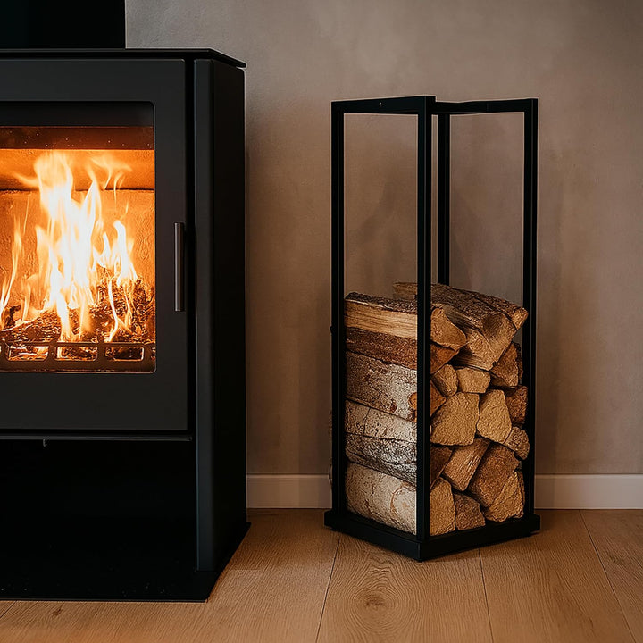 Relaxdays, schwarz Kaminholzregal, Metall, Brennholzregal hoch, für Feuerholz, Stapelholz, Brennholz