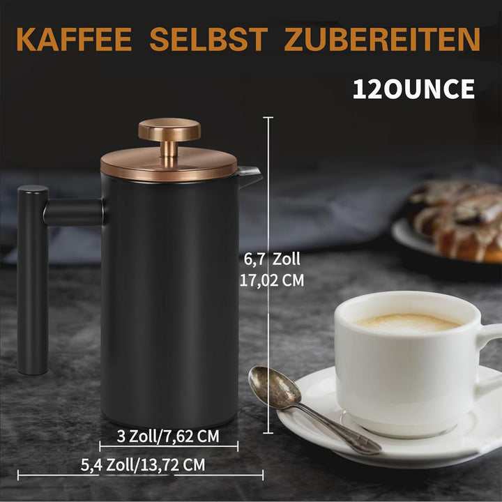 Schwarze Mini French Press Kaffeebereiter 350ml, Einzelne Tasse French Press mit Rose Gold Deckel (1