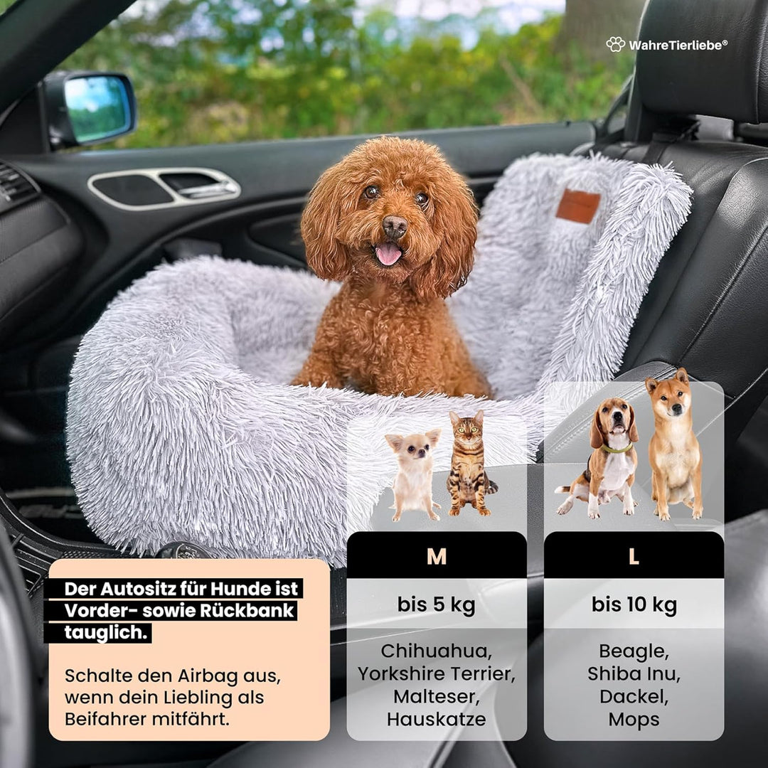 Wahre Tierliebe Hunde Autositz Fluffy inkl. Sicherheitsgurt - waschbarer Hundesitz Auto in schwarz/w