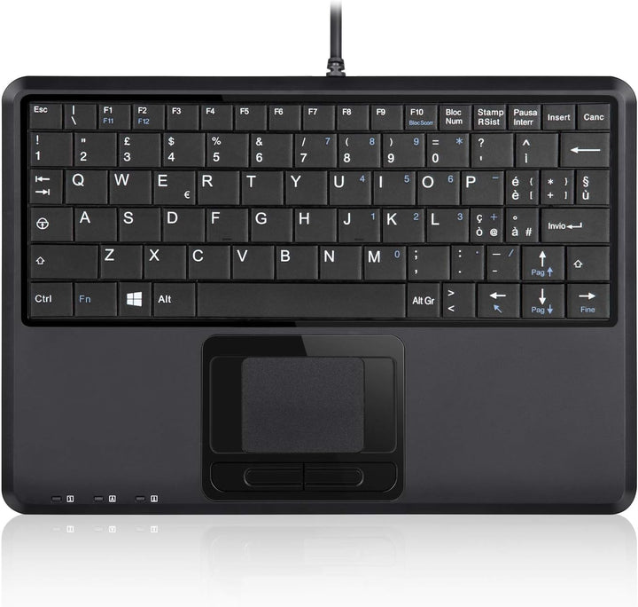Perixx PERIBOARD-510H Plus Mini-USB-Tastatur mit Touchpad und 2 USB-Anschlüssen, leise Tasten, itali