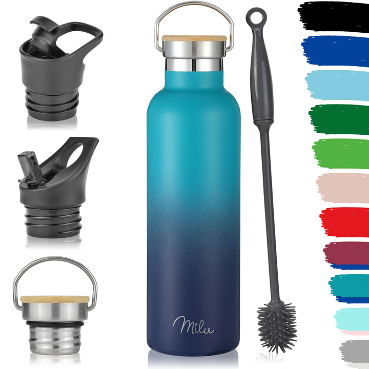 Milu Edelstahl Trinkflasche 500ml, 750ml, 1L (+3 Deckel) - Thermosflasche mit Strohhalm, Isolierte W