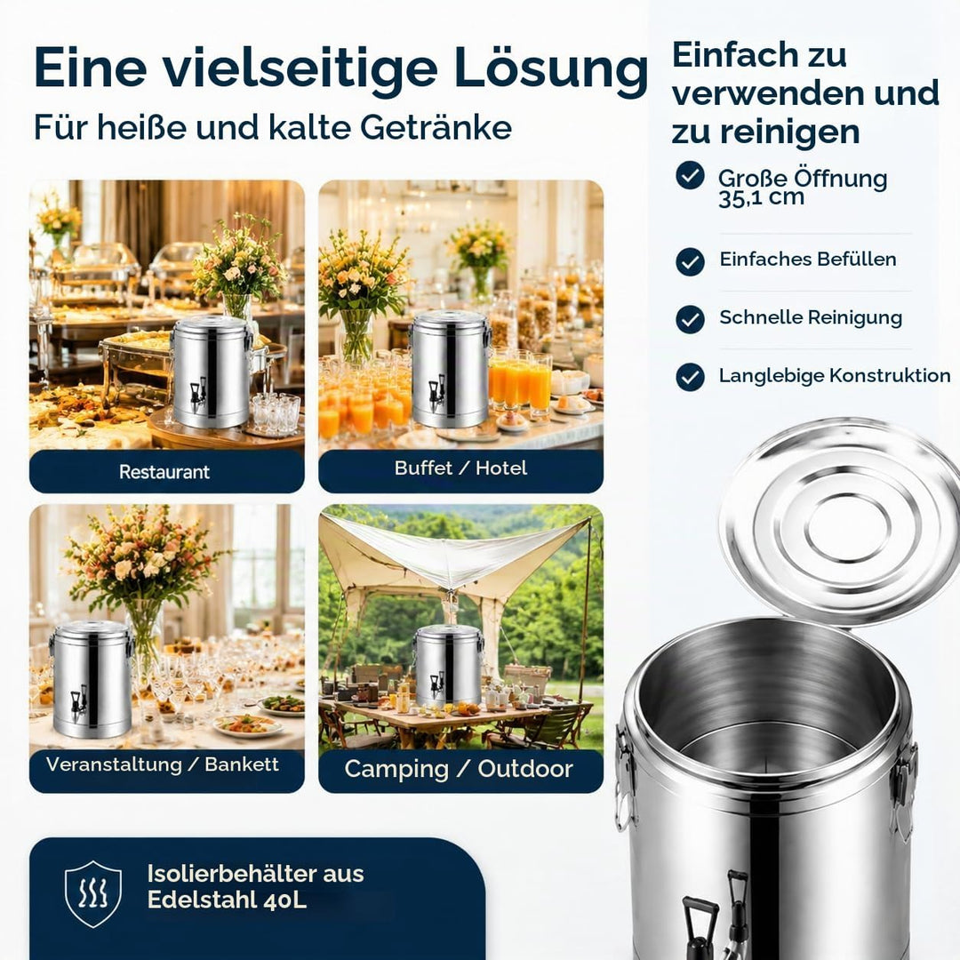 Edelstahl Wasserkanister Thermobehälter 40L - Isolierter Transportbehälter mit Hahn, 201 Edelstahl,
