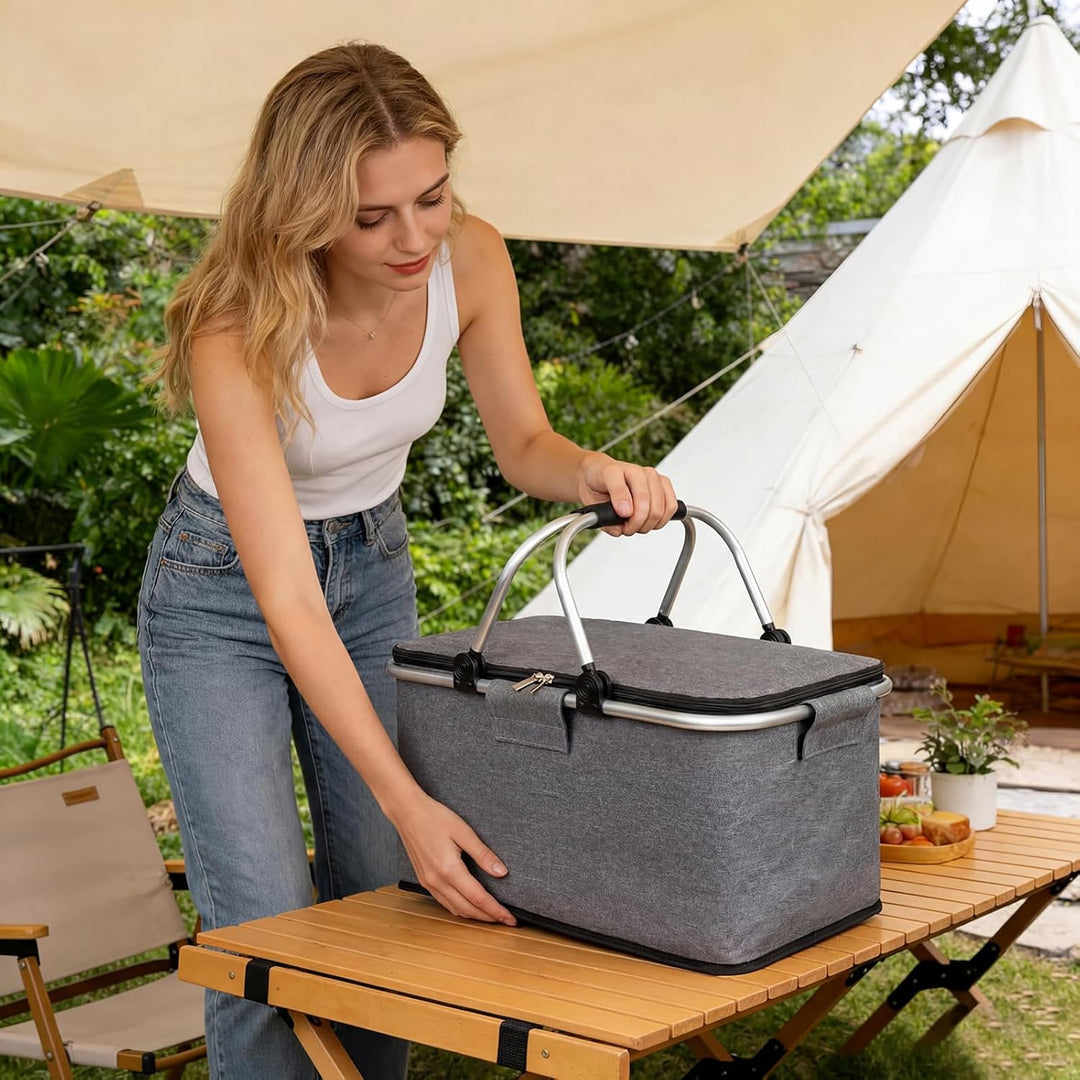 Einkaufskorb Faltbar mit Kühlfunktion Kühltasche Thermokorb mit Deckel Picknickkorb mit Aluminiumrah