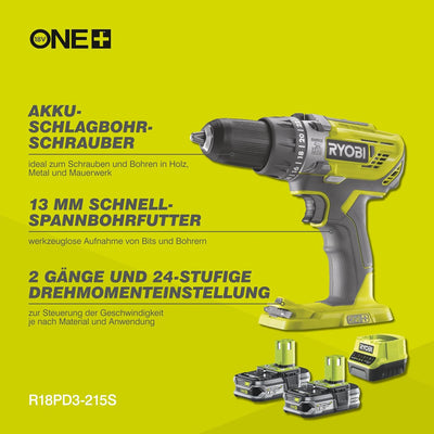 RYOBI 18V ONE+ 2-Gang Akku-Schlagbohrschrauber R18PD3-215S (13mm Bohrfutter, 24 Drehmoment Einstellu