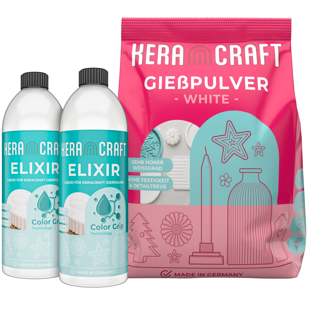 KERACRAFT Giesspulver weiss 4,5kg + Elixir 1,5kg - Reliefgiesspulver weiss für kreative Projekte & K