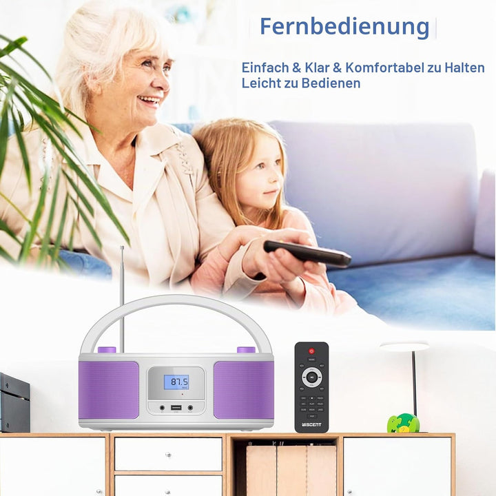 Tragbarer CD-Player Boombox mit Bluetooth | Fernsteuerung | FM-Radio | USB | MP3-Wiedergabe | Kompat