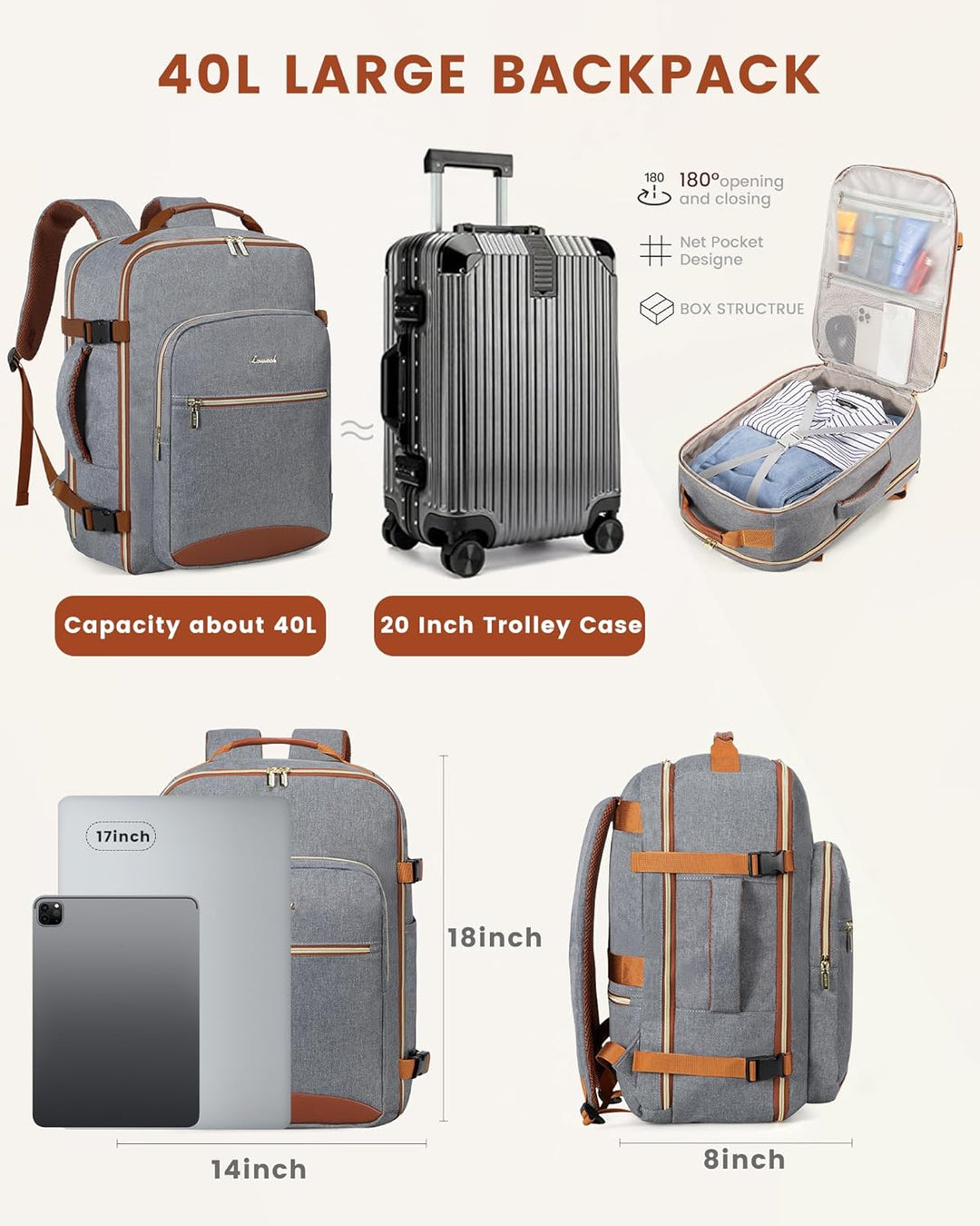 LOVEVOOK Handgepäck Rucksack Flugzeug, 40L Gross Reiserucksack Damen Kofferrucksack, Wasserdicht Rei