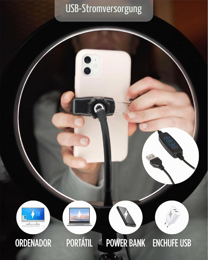 KSIX Dimmbare Tischstativ Lichtring LED Ring Licht für Handy, 3 Lichttemperaturen und 10 Helligkeits