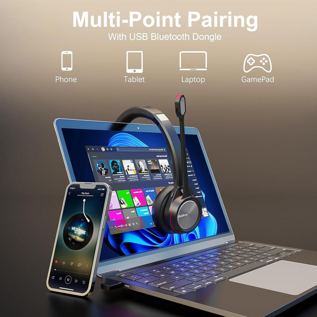 Bluetooth Headset mit Mikrofon Noise Canceling, Wireless Headset mit USB Dongle für PC, 40 Stunden S