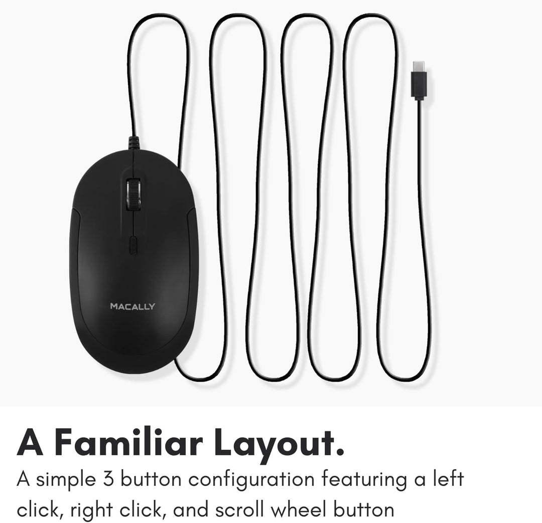 Macally Kabelgebundene USB-C-Maus für Mac und PC, schlank, leise und zuverlässig, 3 Tasten, Scrollra