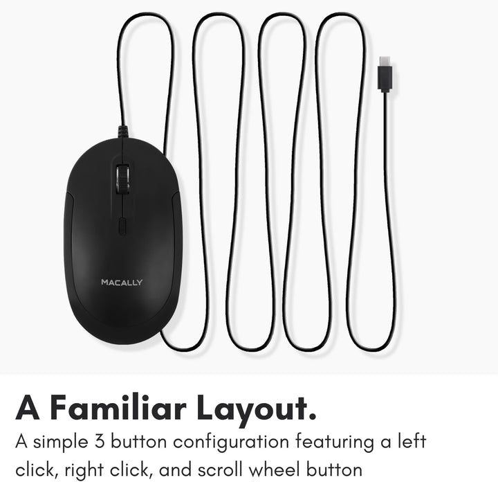 Macally Kabelgebundene USB-C-Maus für Mac und PC, schlank, leise und zuverlässig, 3 Tasten, Scrollra