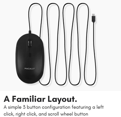 Macally Kabelgebundene USB-C-Maus für Mac und PC, schlank, leise und zuverlässig, 3 Tasten, Scrollra