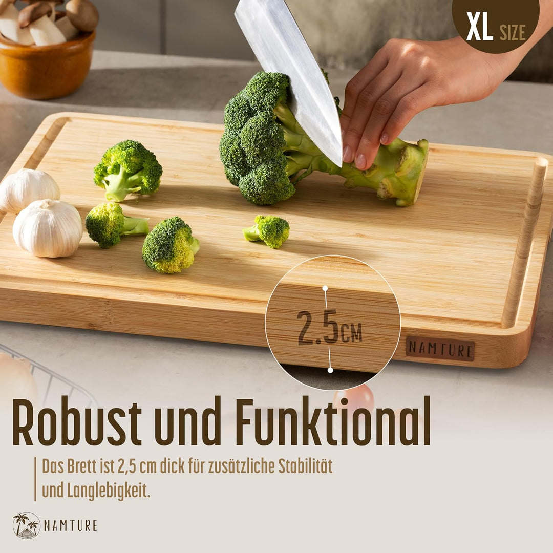 Bambus Schneidebrett XL (40 × 30 × 2,5 cm) – Stirnholz, extra dick, Premium-Öl, mit Saftrille, Handg