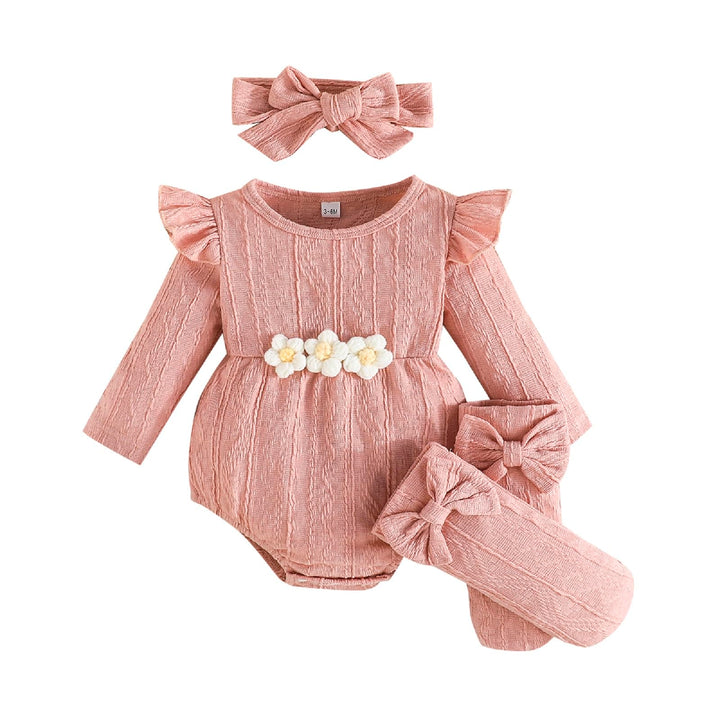 Kunyeah 3Pcs Baby Mädchen Outfits Kleinkind Ruffle Strampler Langarm Bodysuit+Bow Haarband+Socken Ne