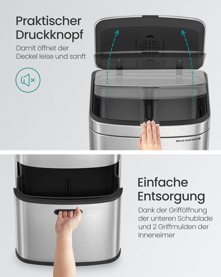 SONGMICS Mülleimer Küche, Mülltrennsystem 3 Fächer, 2 x 10 L und 30 L, Abfalleimer aus Stahl, platzs