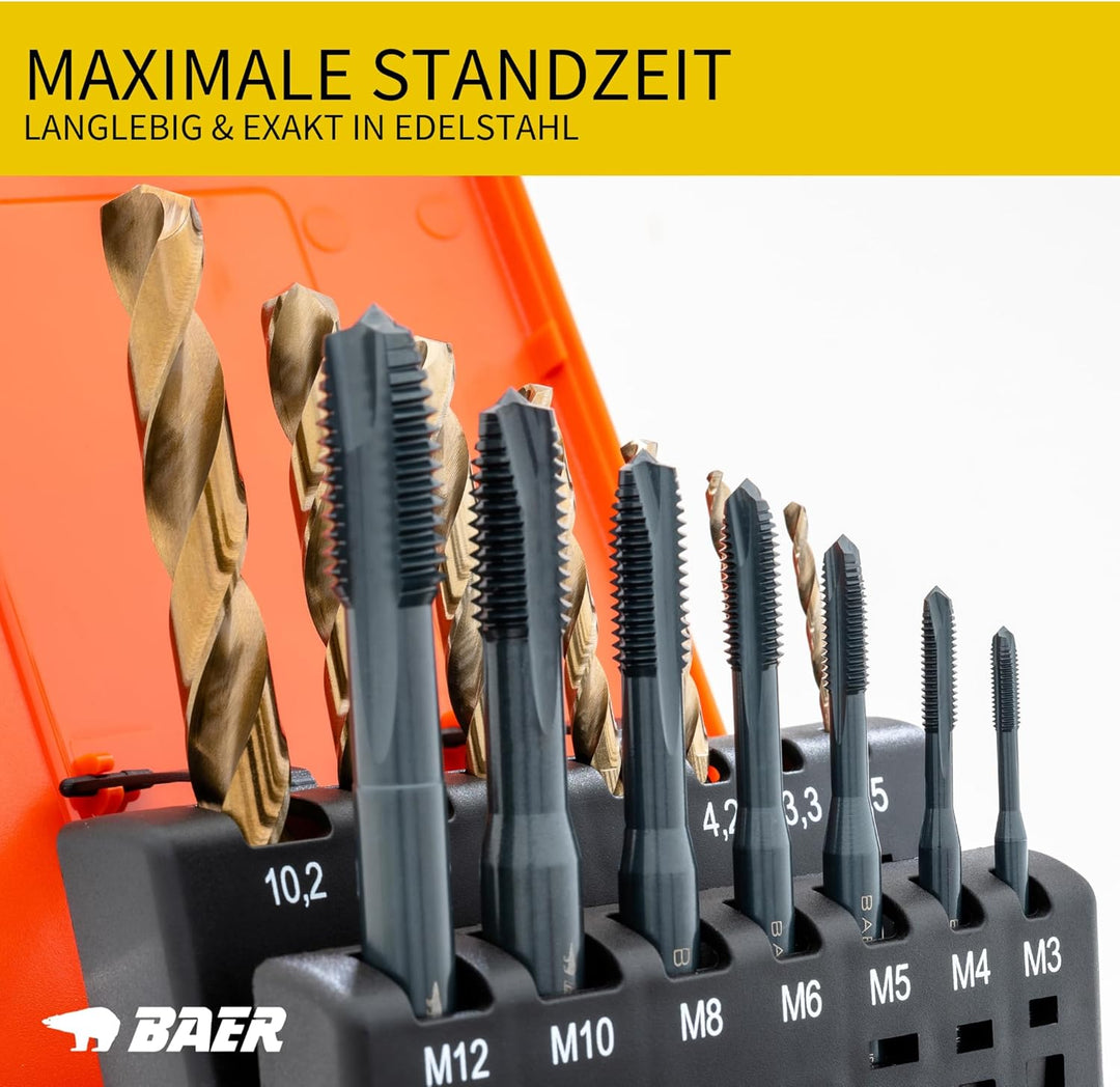 BAER Gewindeschneider Set M3 - M12 | HSSE Edelstahl | Edelstahlbohrer inklusive Bohrpaste | Maschine