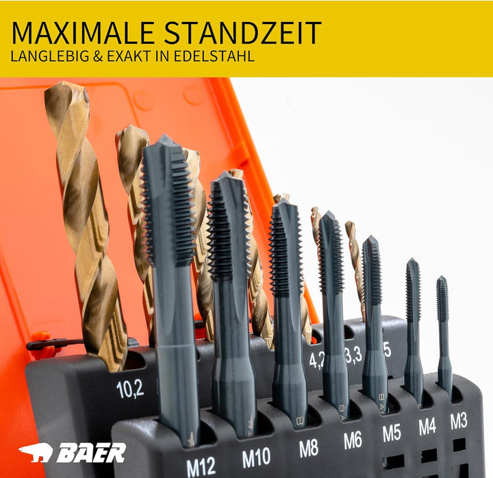 BaerCoil BAER Gewindeschneider Set M3 - M12 - HSSE EDELSTAHL - Maschinengewindebohrer Durchgangsloch