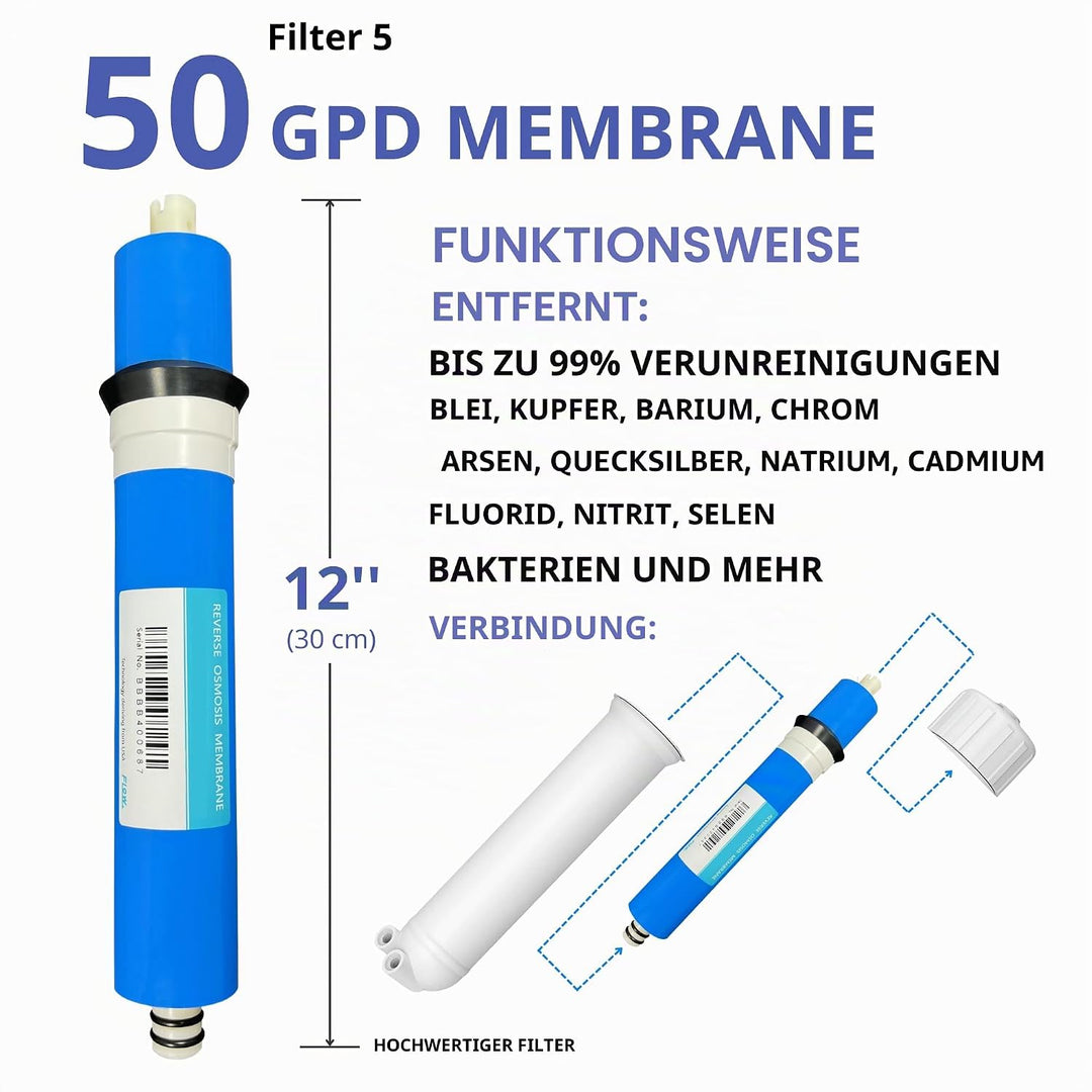 Depurtek | 5-stufige Umkehrosmose-Membran & 4 Filter | 50 GPD TFC | Vor-/Nachfilter | Universell kom