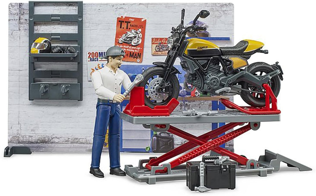 bruder 62102 - Bworld Motorradwerkstatt Scrambler Ducati Full Throttle mit Mechaniker - 1:16 Reparat