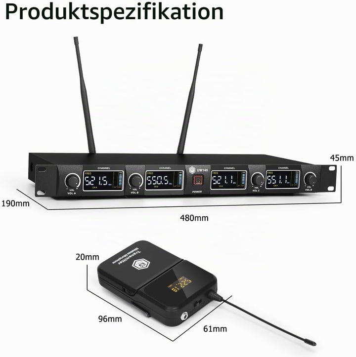 W IN-MIX Professionelles UHF-Funkmikrofonsystem, 4 Kanäle, 80 Meter Reichweite, mit Lavalier- und He