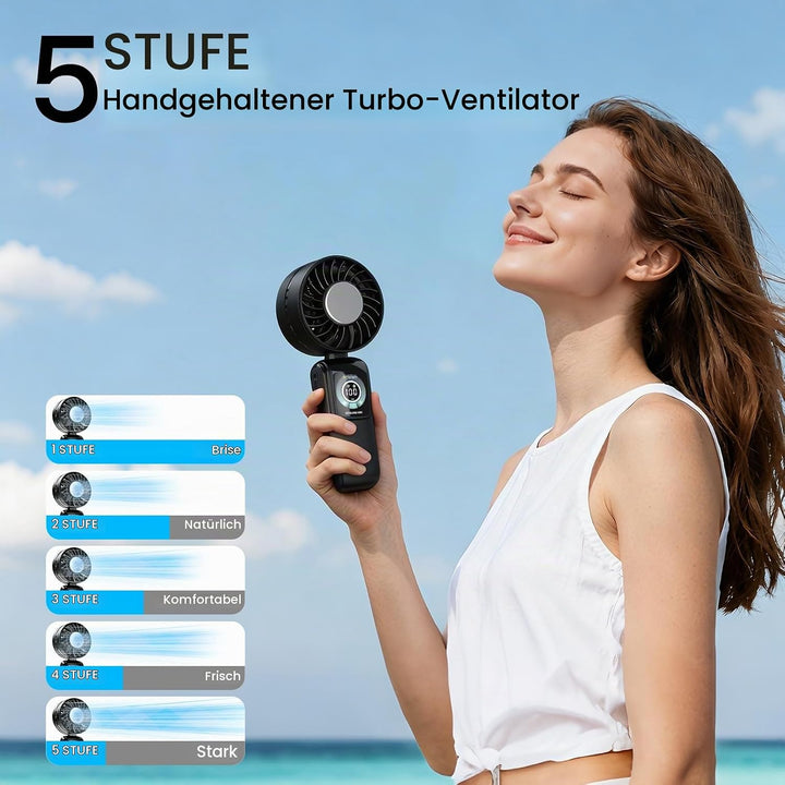 Handventilator Akku Aufladbar, Tragbarer Mini Ventilator USB, Schwarz | 100 Stufen Starkem Luftstrom