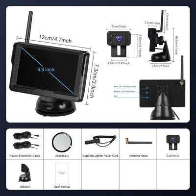 Hodozzy Drahtloses Rückfahrkamera Kit mit 4,3'' IPS Monitor, IP69 wasserdichte Rückfahrkamera, Stabi