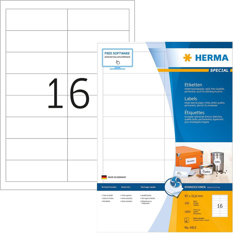 HERMA 4815 Adressetiketten für Inkjet Drucker, 100 Blatt, 97 x 33,8 mm, 16 Stück pro A4 Bogen, 1600