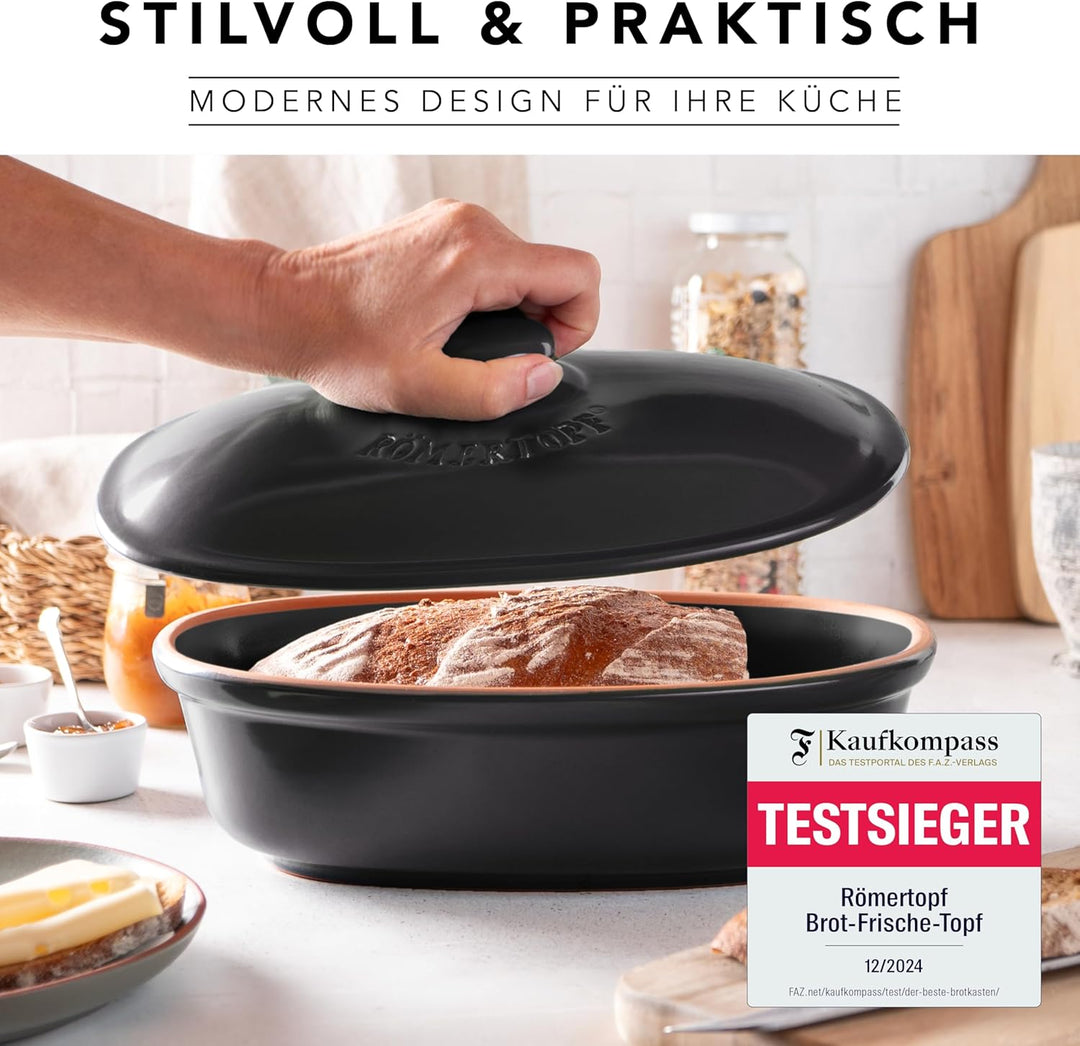 Römertopf Brottopf oval MEDI 2,3 Liter - Brotkasten Schwarz aus Keramik - Atmungsaktiver Tontopf für