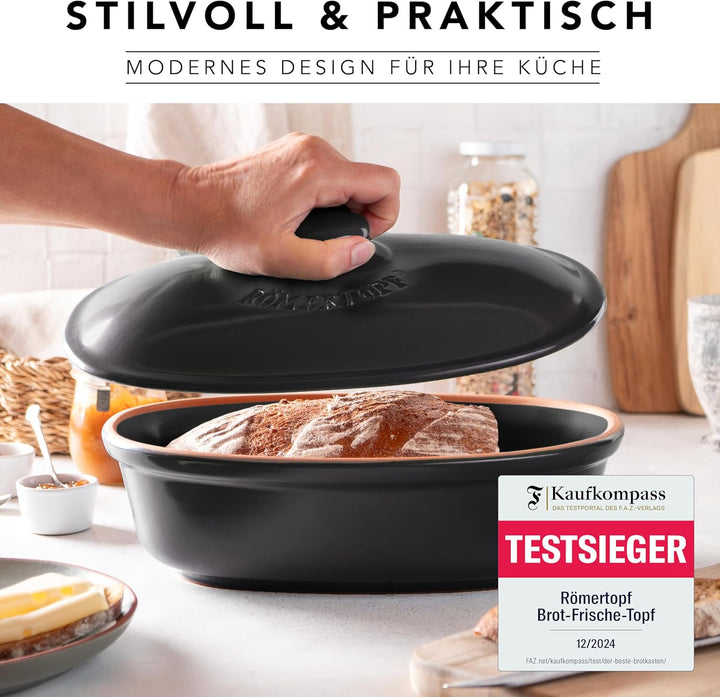 Römertopf Brottopf oval MEDI 2,3 Liter - Brotkasten Schwarz aus Keramik - Atmungsaktiver Tontopf für